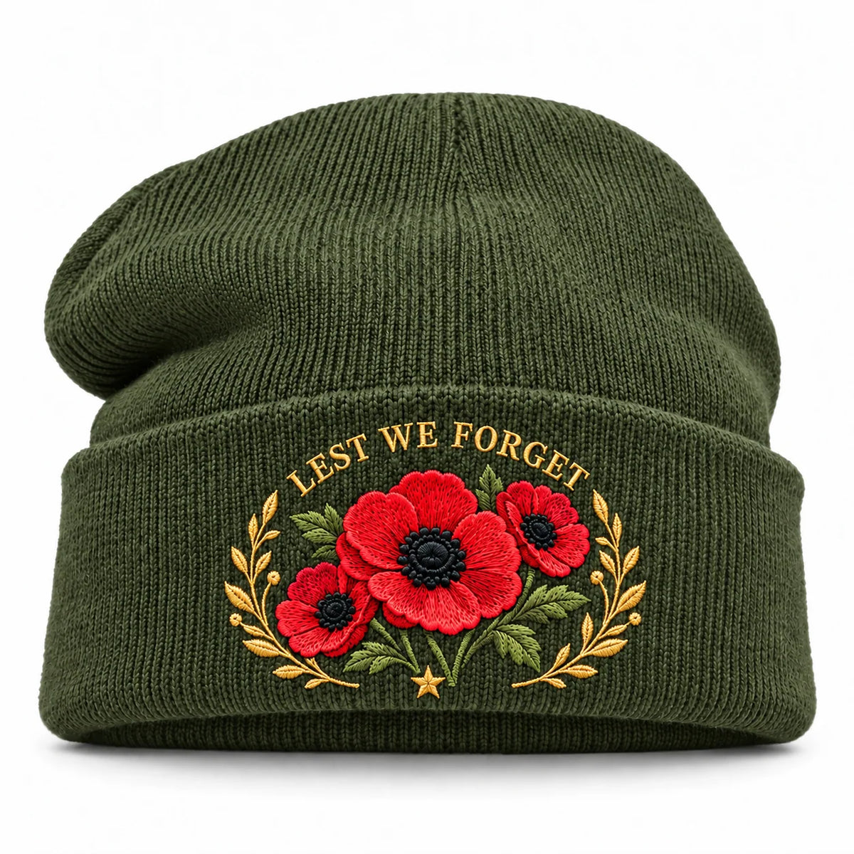 Poppy Remembrance Beanie – Embroidered "Lest We Forget" & "We Remember"