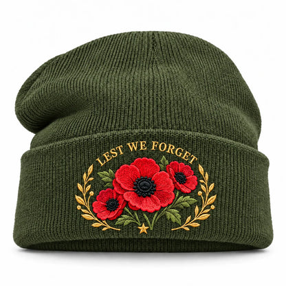 Poppy Remembrance Beanie – Embroidered "Lest We Forget" & "We Remember"