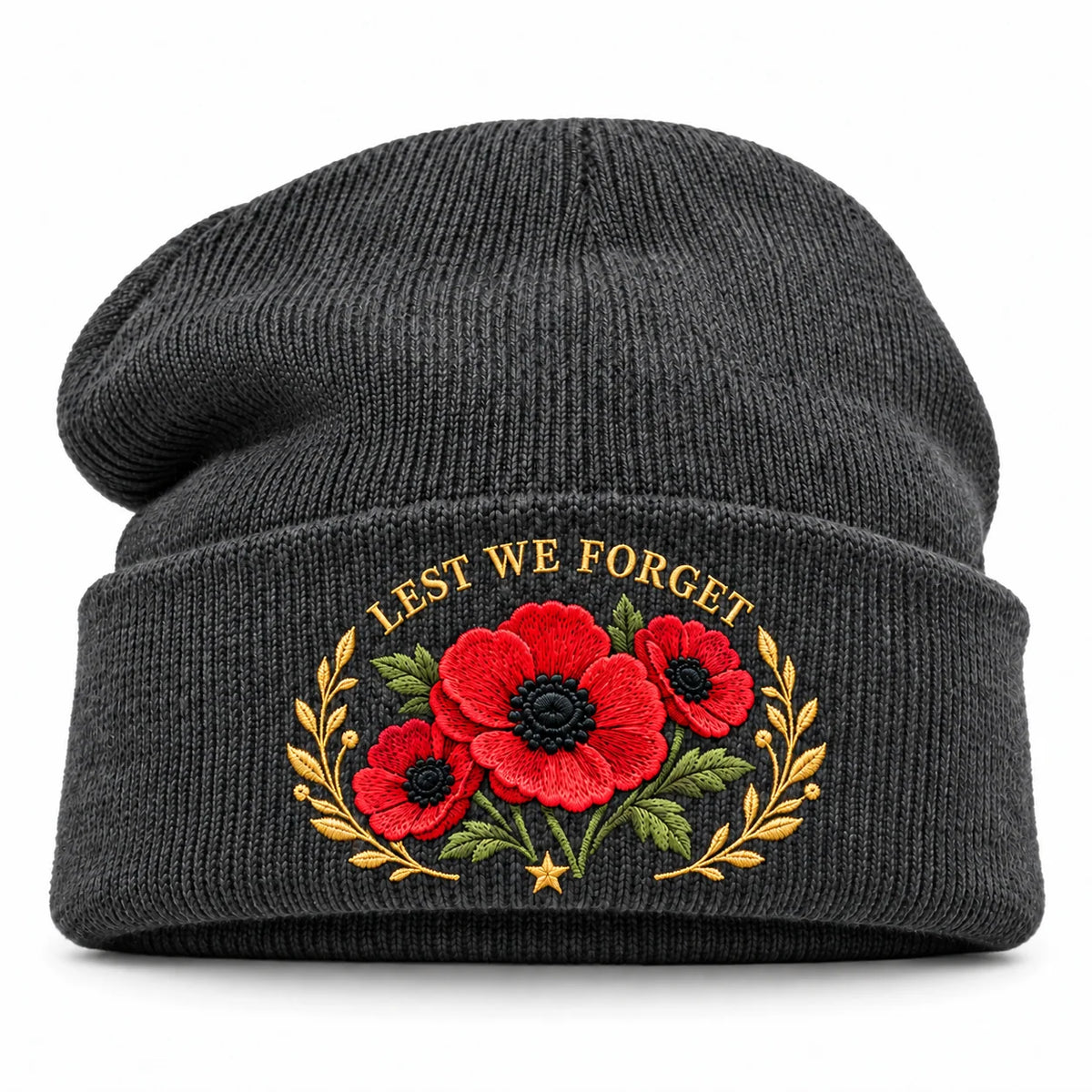 Poppy Remembrance Beanie – Embroidered "Lest We Forget" & "We Remember"