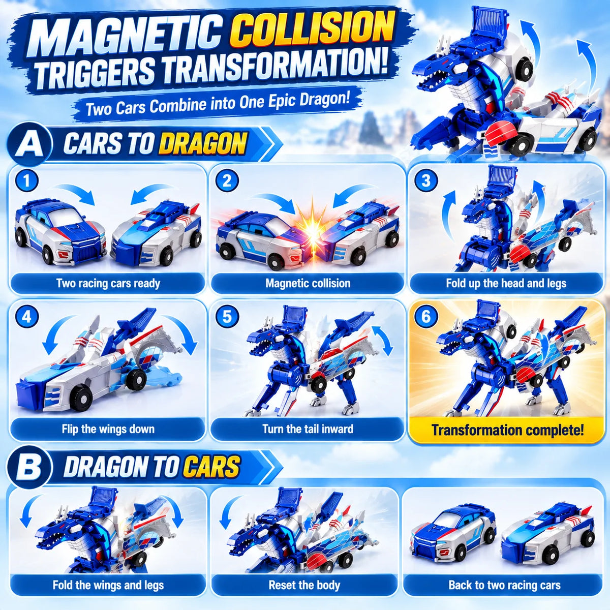 2-in-1 Magnetic Transforming Dragon Car Toy Set – Two Racing Cars, One Dragon