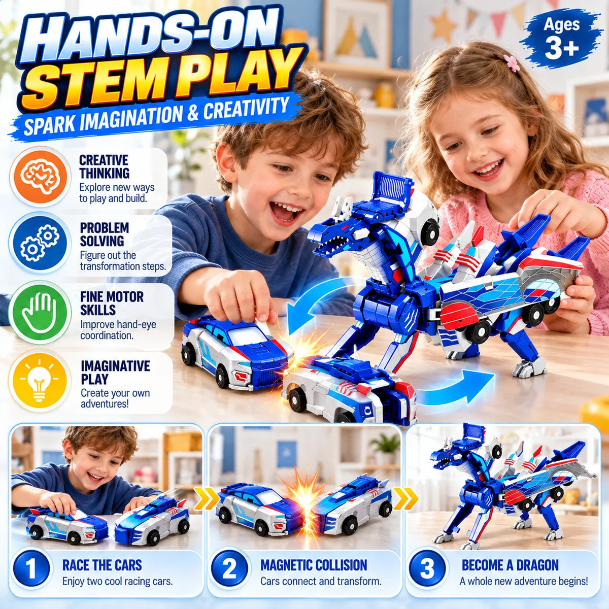 2-in-1 Magnetic Transforming Dragon Car Toy Set – Two Racing Cars, One Dragon
