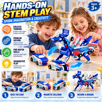 2-in-1 Magnetic Transforming Dragon Car Toy Set – Two Racing Cars, One Dragon