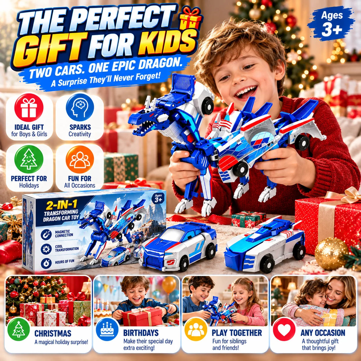 2-in-1 Magnetic Transforming Dragon Car Toy Set – Two Racing Cars, One Dragon