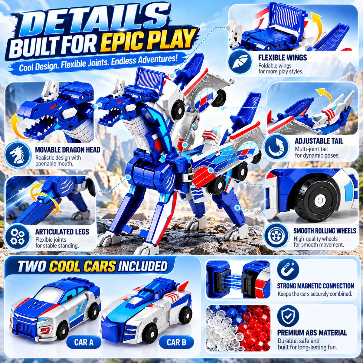 2-in-1 Magnetic Transforming Dragon Car Toy Set – Two Racing Cars, One Dragon
