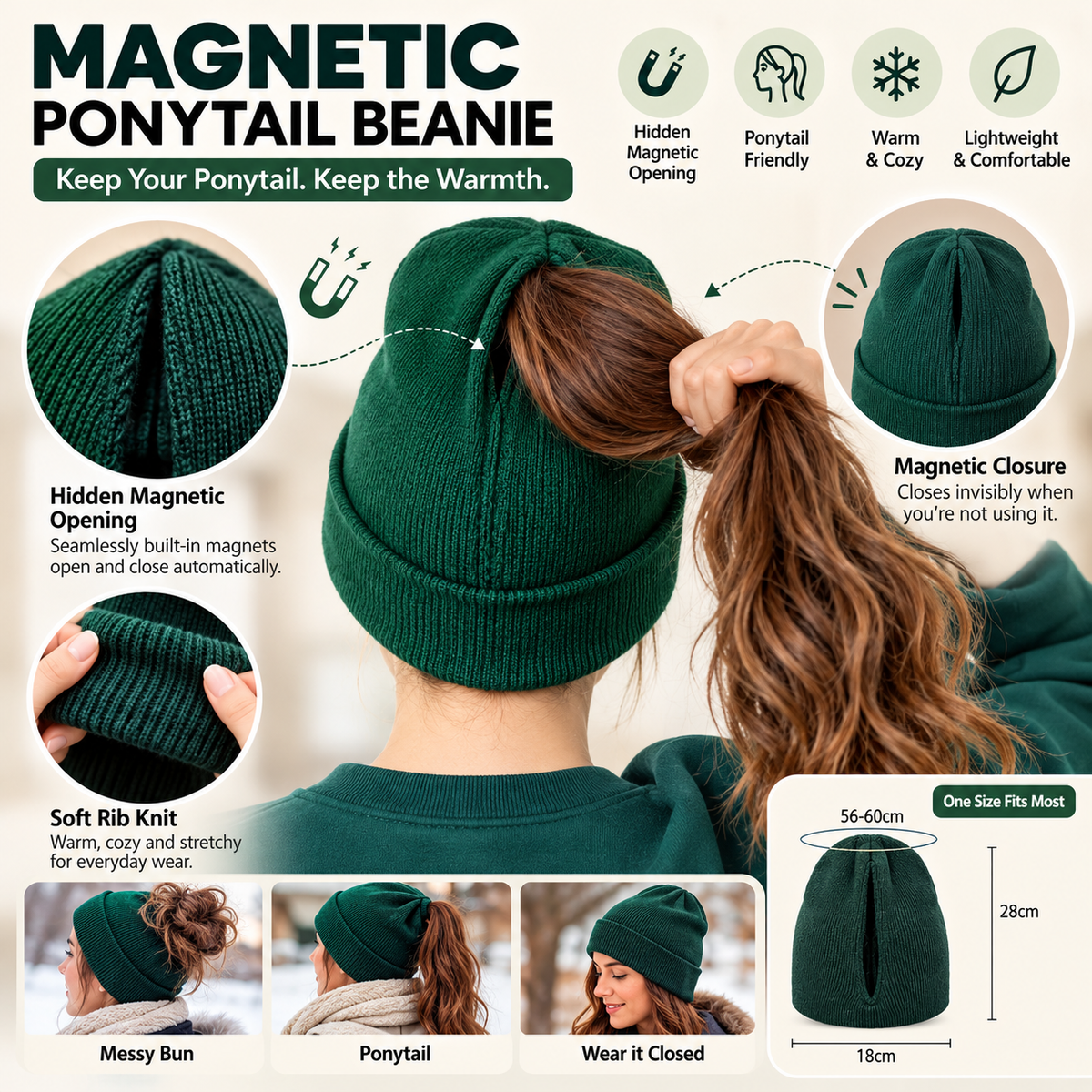 2-in-1 Ponytail Beanie Hat – Hidden Magnetic Opening for High Ponytails & Messy Buns