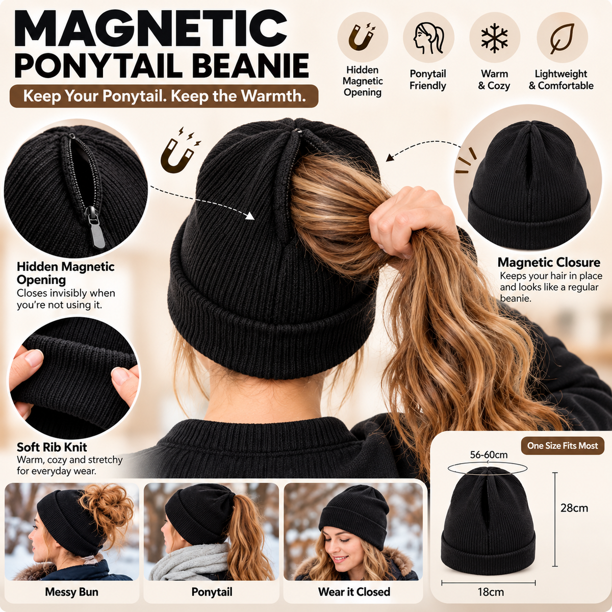 2-in-1 Ponytail Beanie Hat – Hidden Magnetic Opening for High Ponytails & Messy Buns