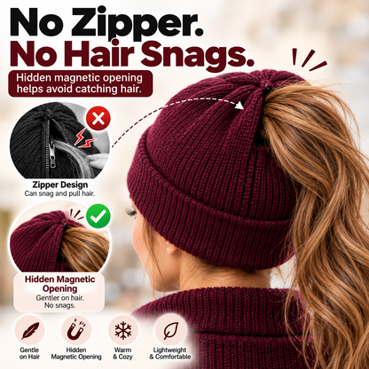 2-in-1 Ponytail Beanie Hat – Hidden Magnetic Opening for High Ponytails & Messy Buns