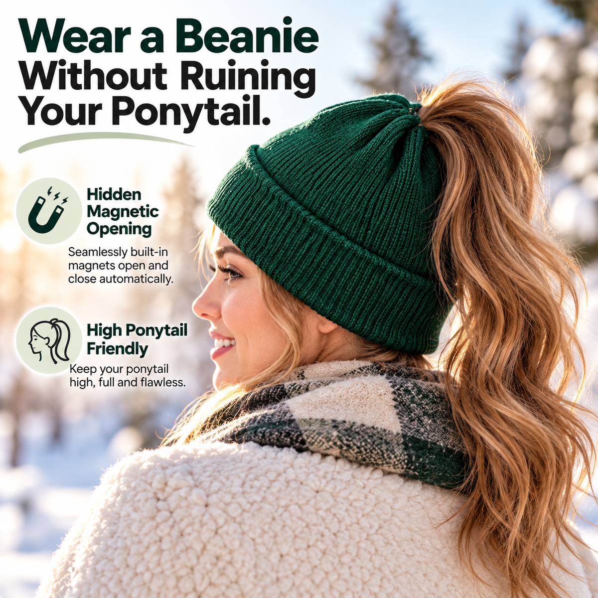 2-in-1 Ponytail Beanie Hat – Hidden Magnetic Opening for High Ponytails & Messy Buns