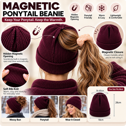 2-in-1 Ponytail Beanie Hat – Hidden Magnetic Opening for High Ponytails & Messy Buns