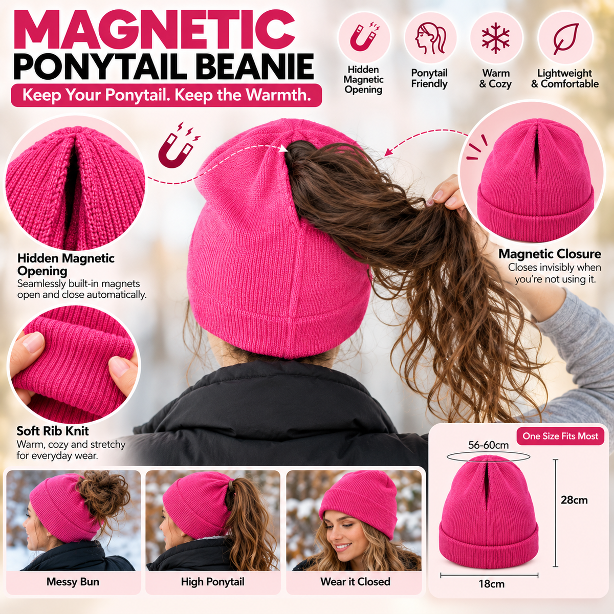 2-in-1 Ponytail Beanie Hat – Hidden Magnetic Opening for High Ponytails & Messy Buns