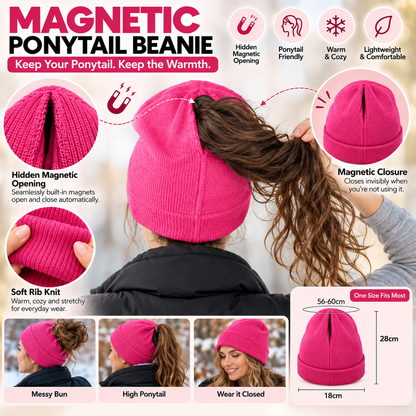 2-in-1 Ponytail Beanie Hat – Hidden Magnetic Opening for High Ponytails & Messy Buns