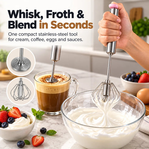 ✨ 3-in-1 Magic Whisk™ 🥣 | Easy Push Stainless Steel Mixer & Milk Frother