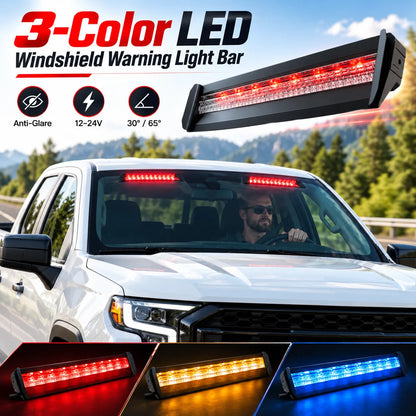 3-Color LED Windshield Warning Light Bar – 12–24V DC, 30°/65° Mount
