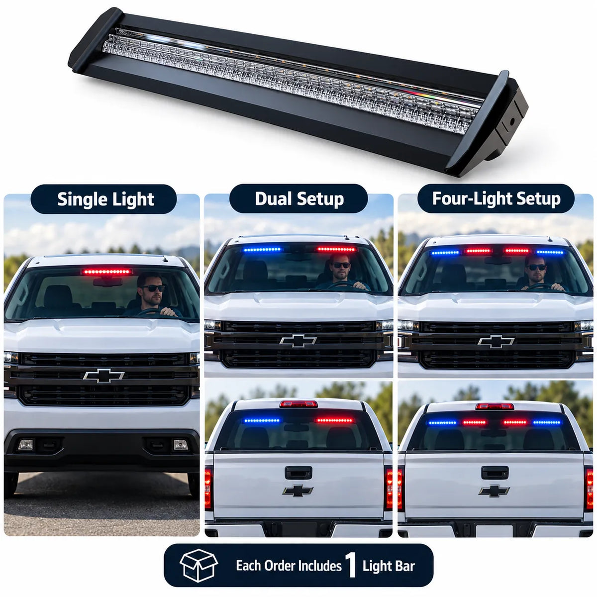 3-Color LED Windshield Warning Light Bar – 12–24V DC, 30°/65° Mount