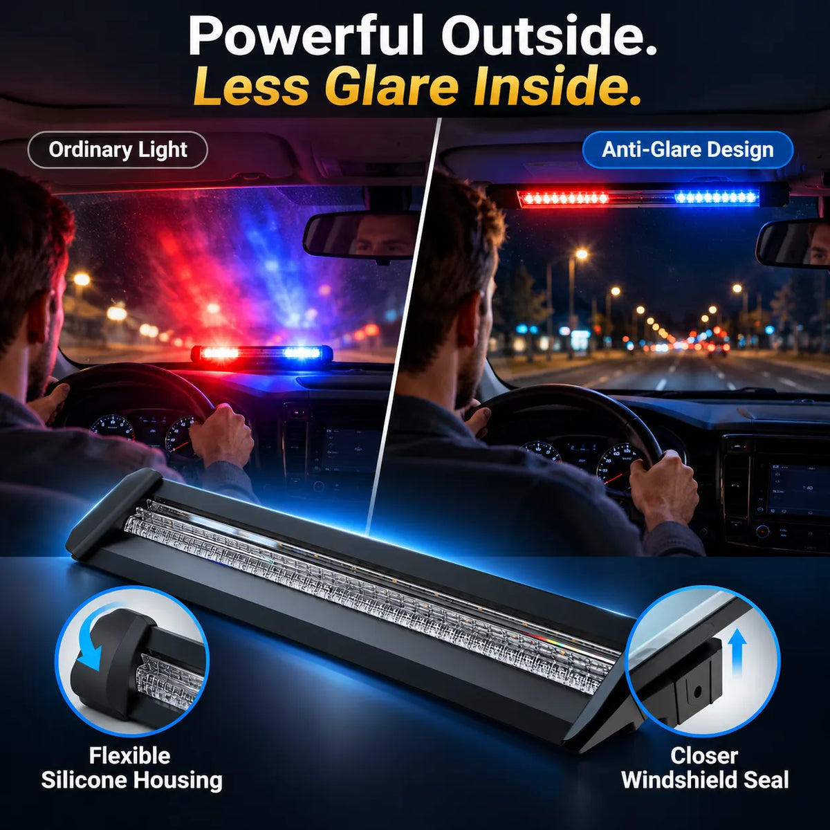 3-Color LED Windshield Warning Light Bar – 12–24V DC, 30°/65° Mount