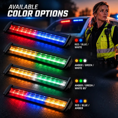 3-Color LED Windshield Warning Light Bar – 12–24V DC, 30°/65° Mount