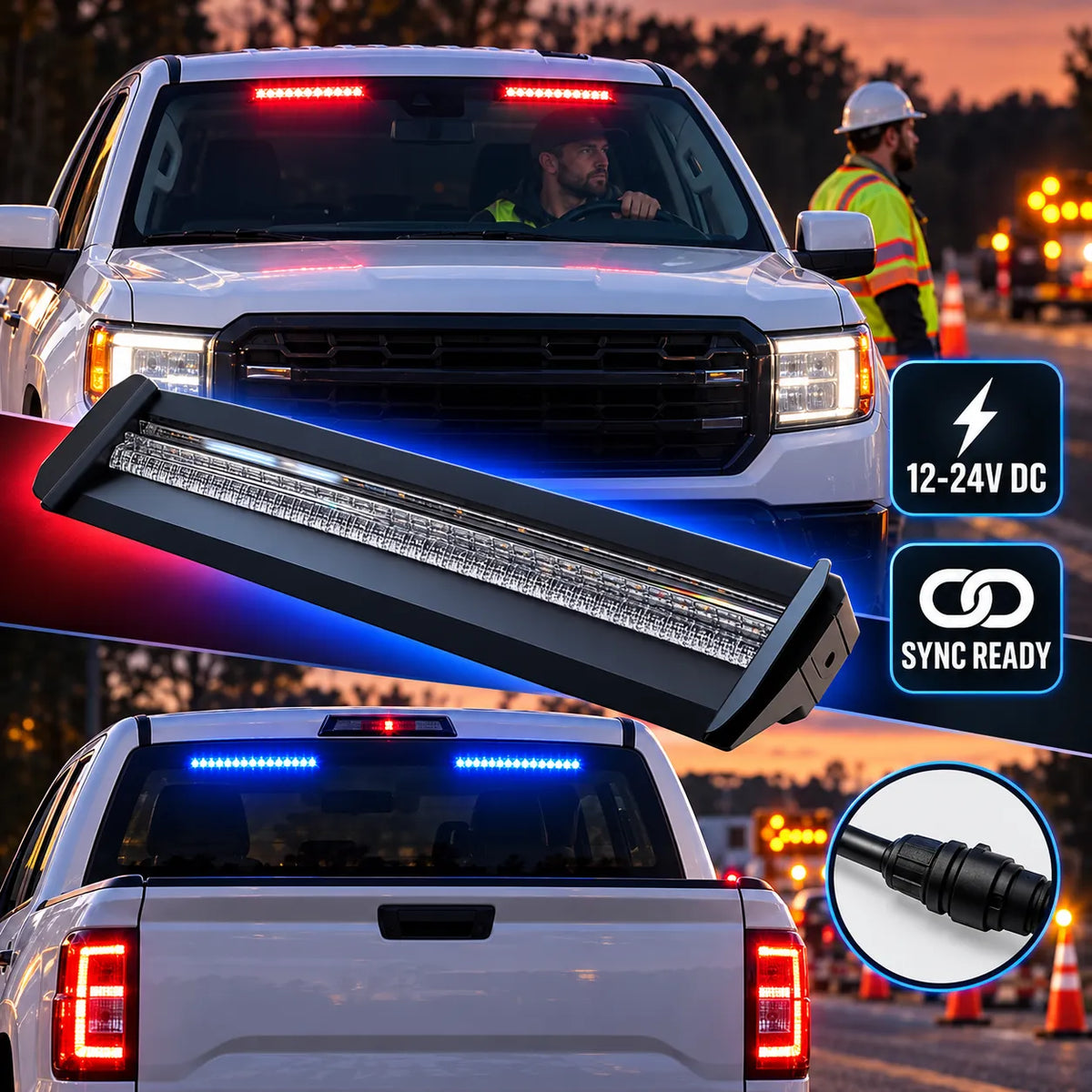 3-Color LED Windshield Warning Light Bar – 12–24V DC, 30°/65° Mount