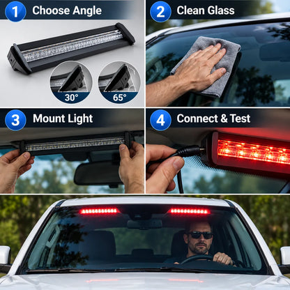 3-Color LED Windshield Warning Light Bar – 12–24V DC, 30°/65° Mount