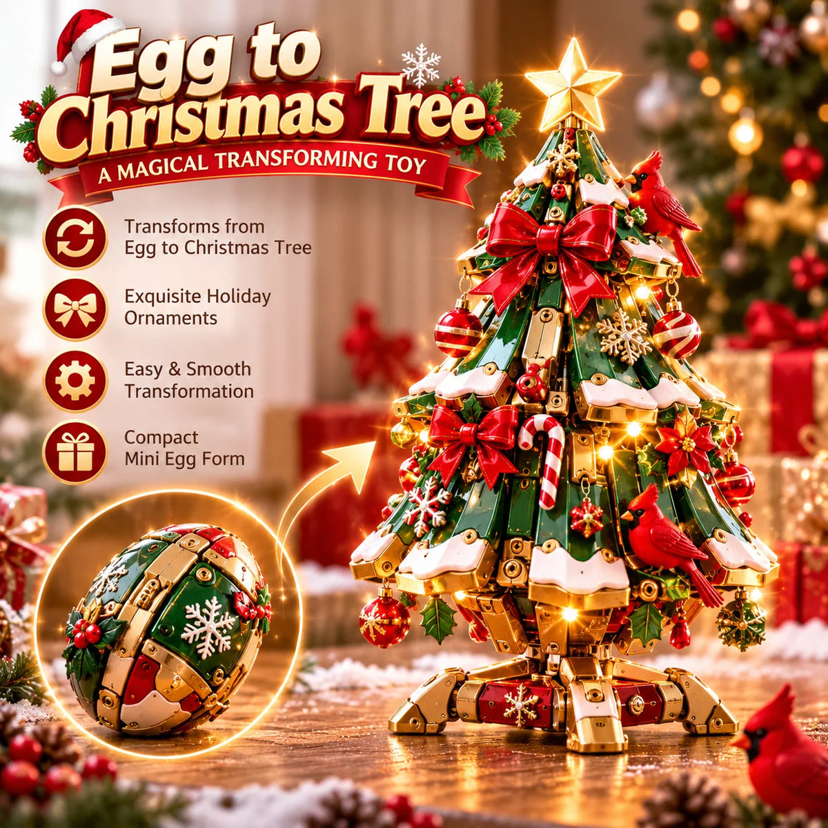 Egg-to-Christmas-tree transforming toy shown with the egg form and decorated tree form
