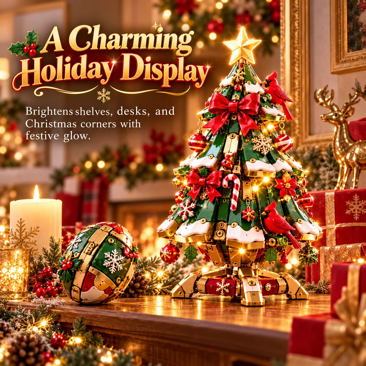 Decorated transforming Christmas tree and egg form displayed with traditional holiday decorations