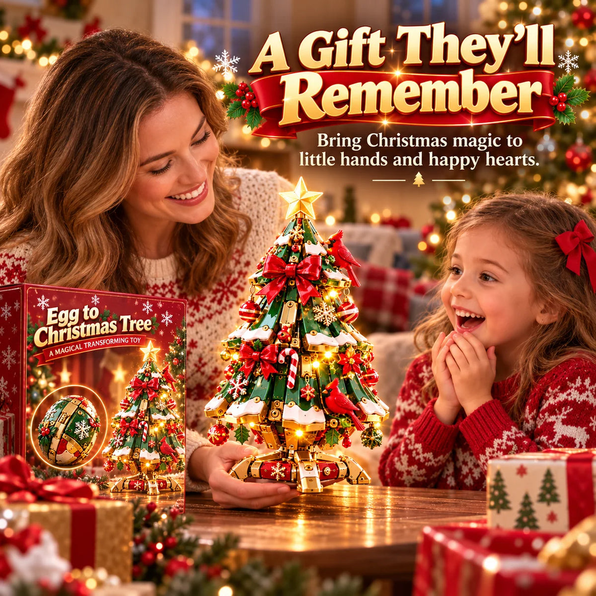 Family holiday gifting scene featuring the egg-to-Christmas-tree design