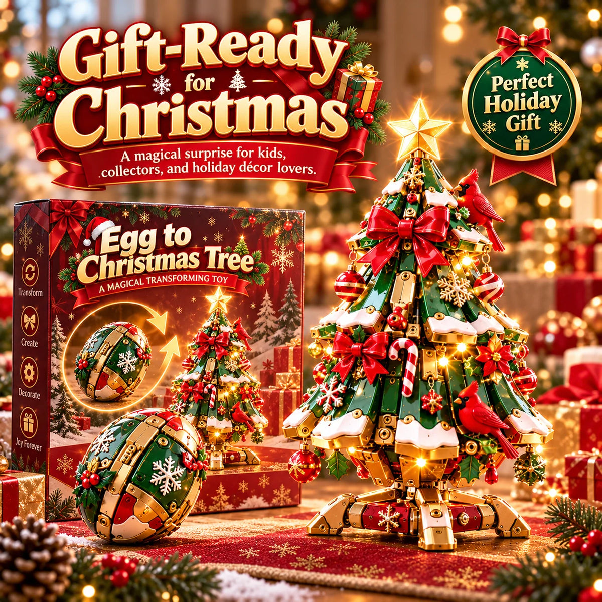 Christmas egg-to-tree transforming toy shown in a holiday gift presentation