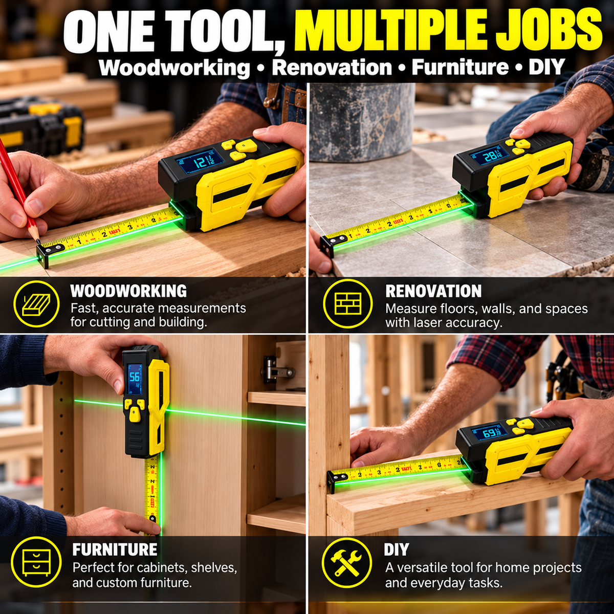 Digital laser tape measure shown in woodworking, renovation and DIY scenarios
