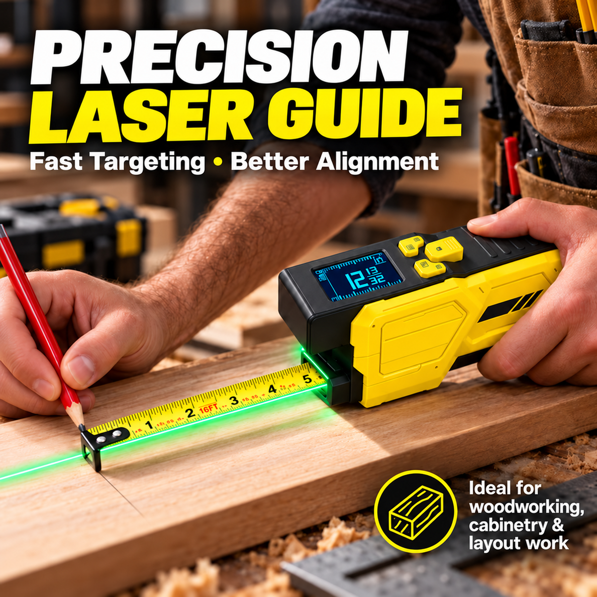 Laser guide and physical tape measure used to mark a reference point on a wooden board
