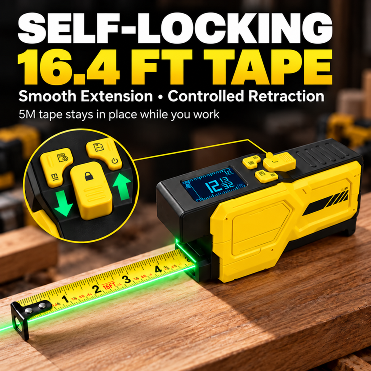 Digital laser tape measure with self-locking tape and control buttons