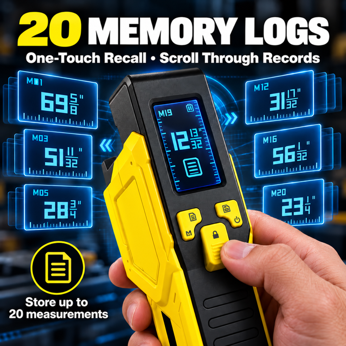 Digital measuring tool screen and measurement memory controls