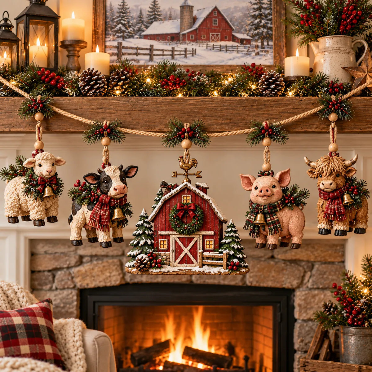 🐄Christmas Farm Friends Mantel Garland – 5-Piece Rustic Farmhouse Decor