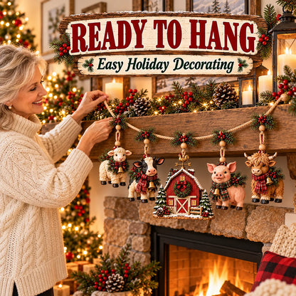 🐄Christmas Farm Friends Mantel Garland – 5-Piece Rustic Farmhouse Decor