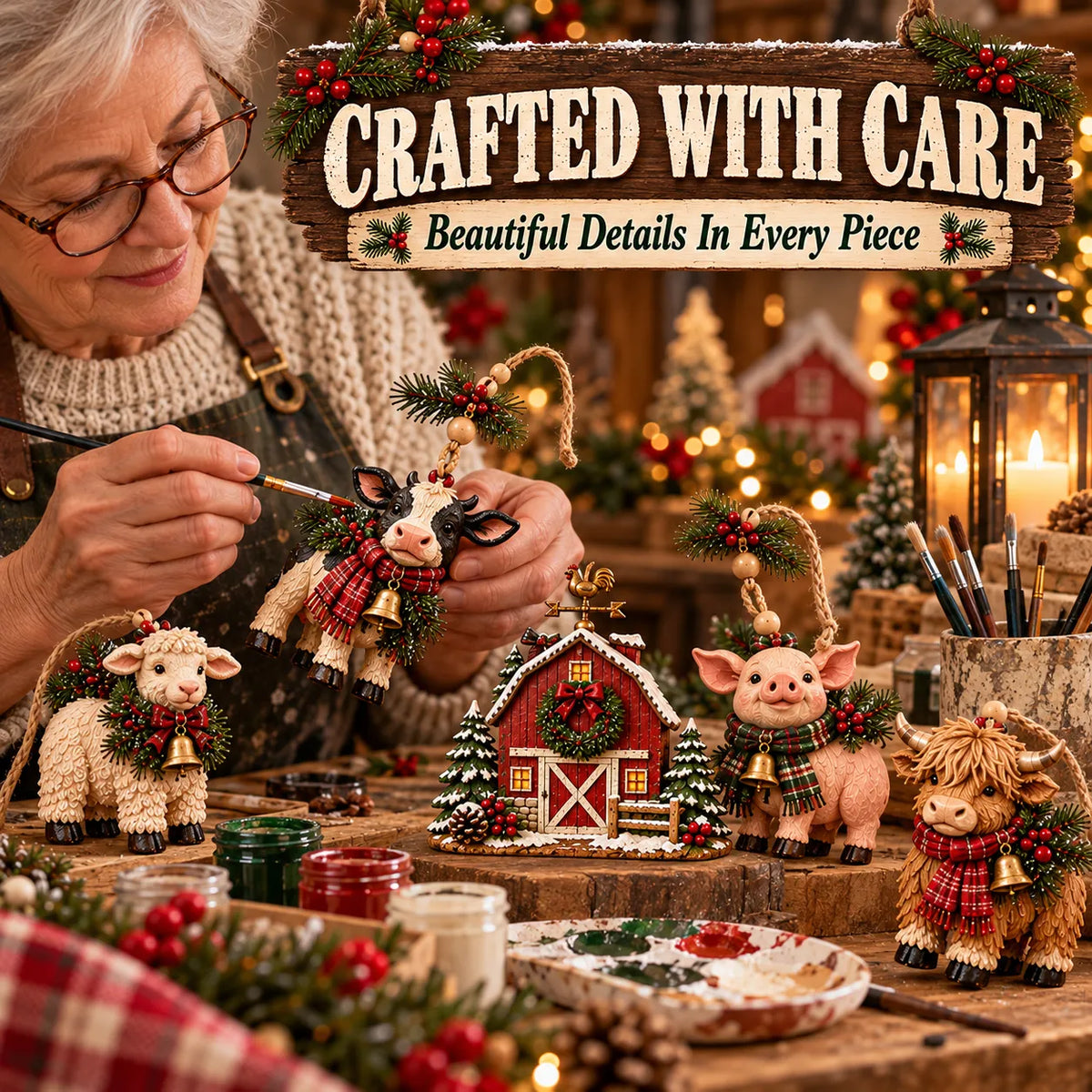 🐄Christmas Farm Friends Mantel Garland – 5-Piece Rustic Farmhouse Decor
