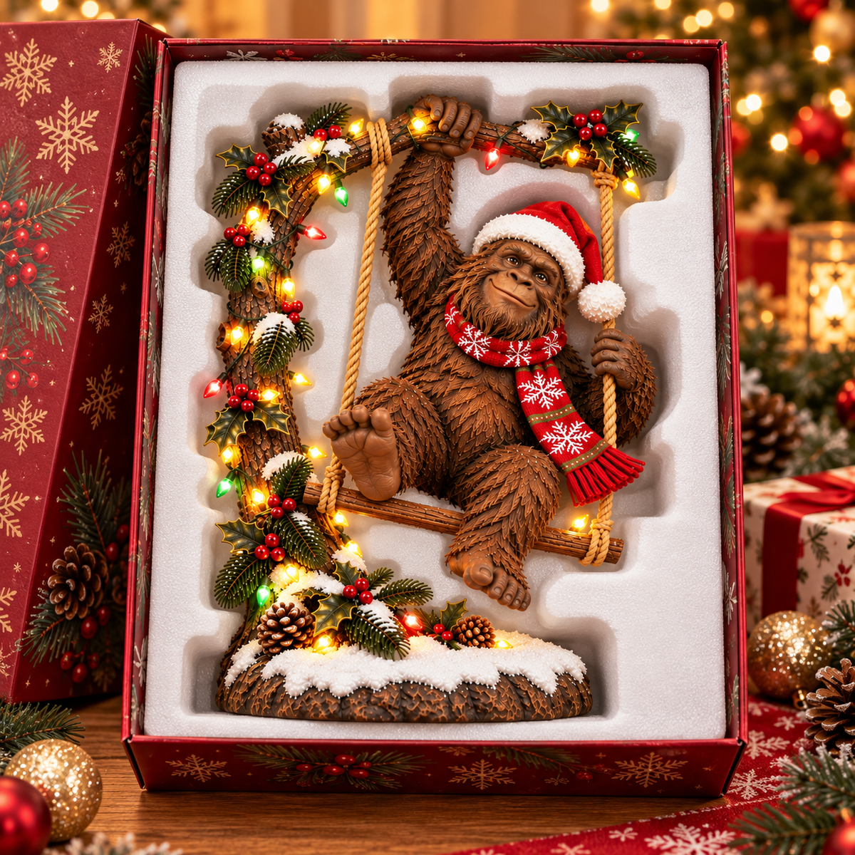 🎄👣 Swingin’ Sasquatch™ – Lighted Christmas Bigfoot Figurine ✨