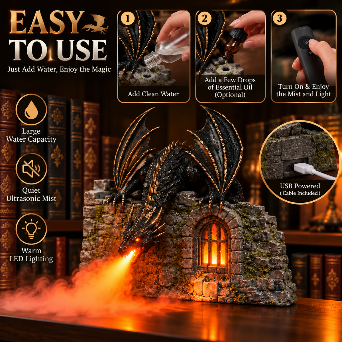 🐉 Dragon Flame-Effect Humidifier & Essential Oil Diffuser – Fantasy Decor