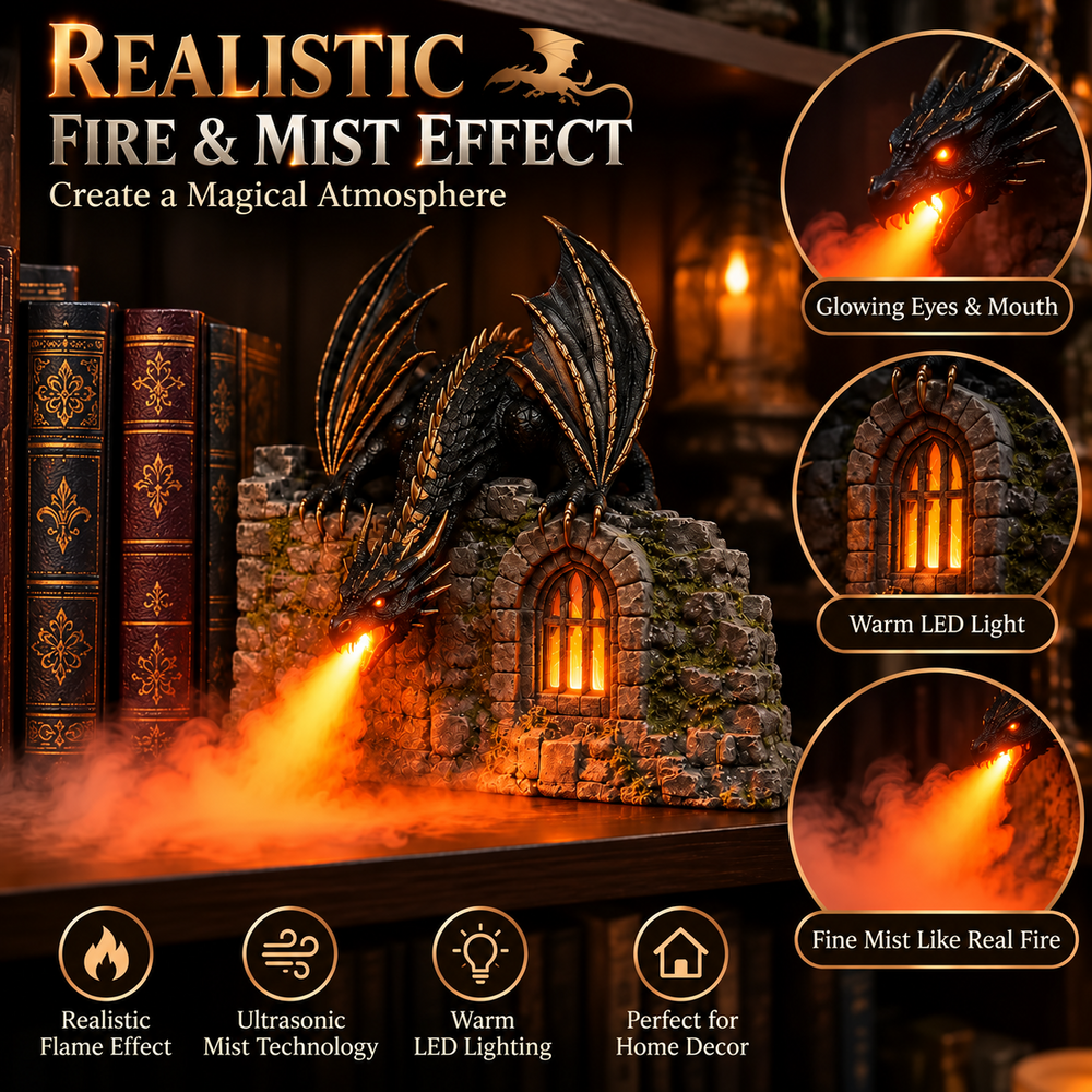 Dragon humidifier releasing illuminated mist with a flame-like orange glow