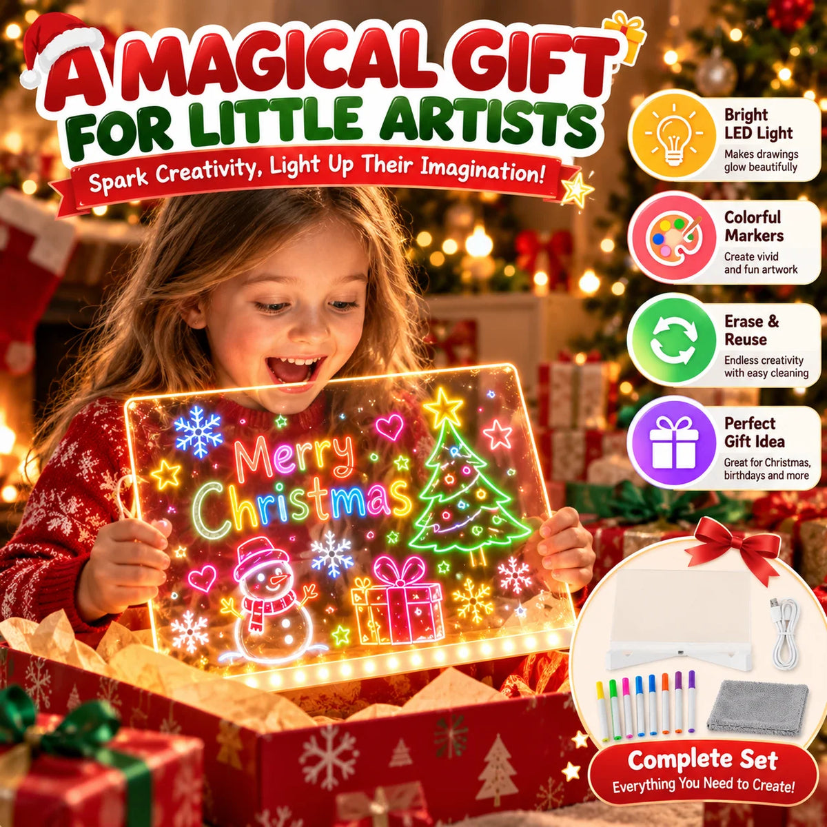 🎨 LED Light-Up Drawing Board for Kids – Reusable Glow Art Kit