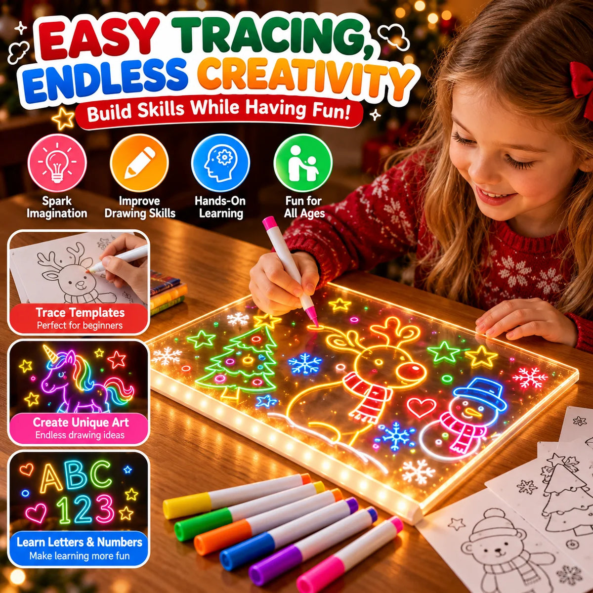 🎨 LED Light-Up Drawing Board for Kids – Reusable Glow Art Kit