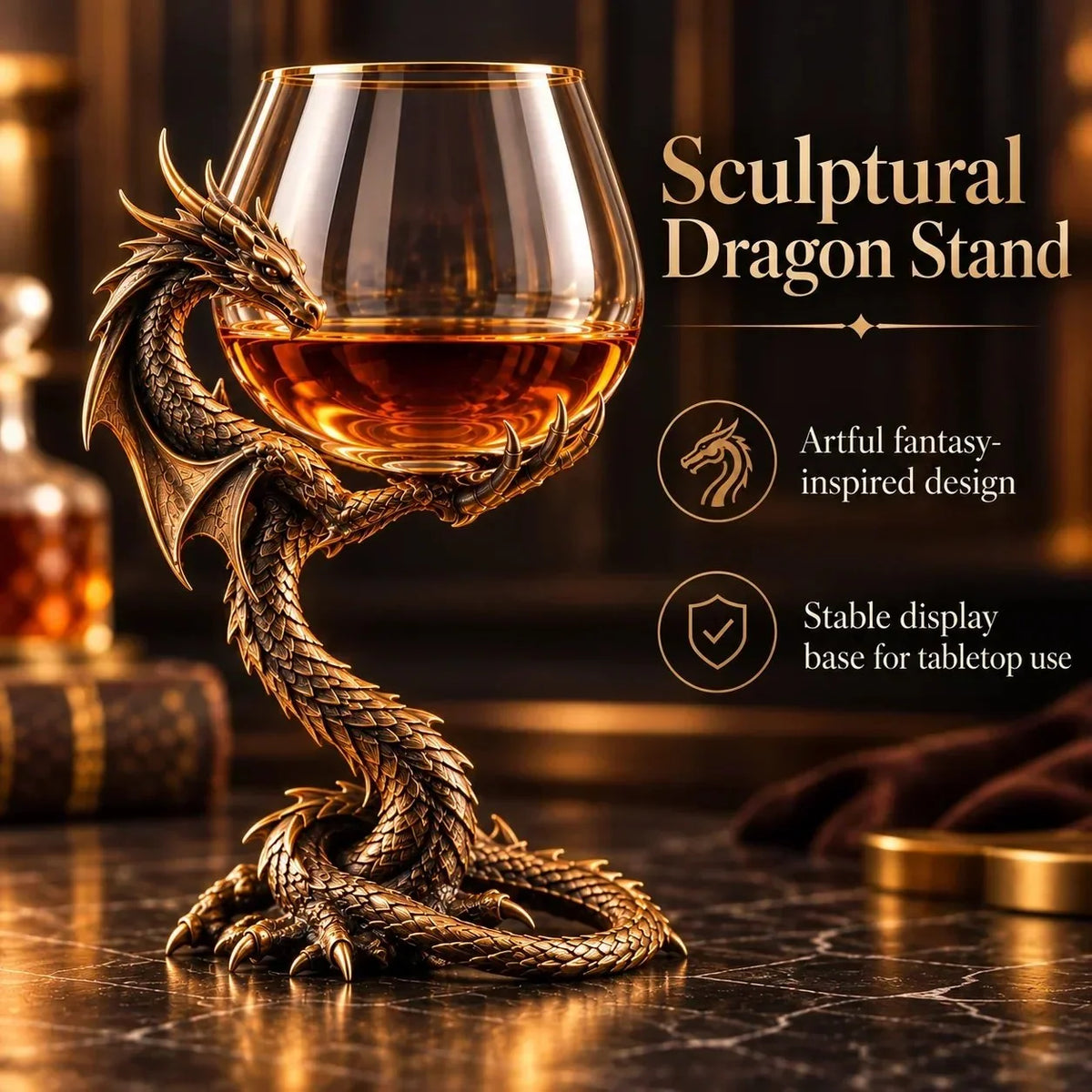 Dragon-shaped glass stand highlighting the sculpted bronze-toned body and claw supporting the brandy bowl