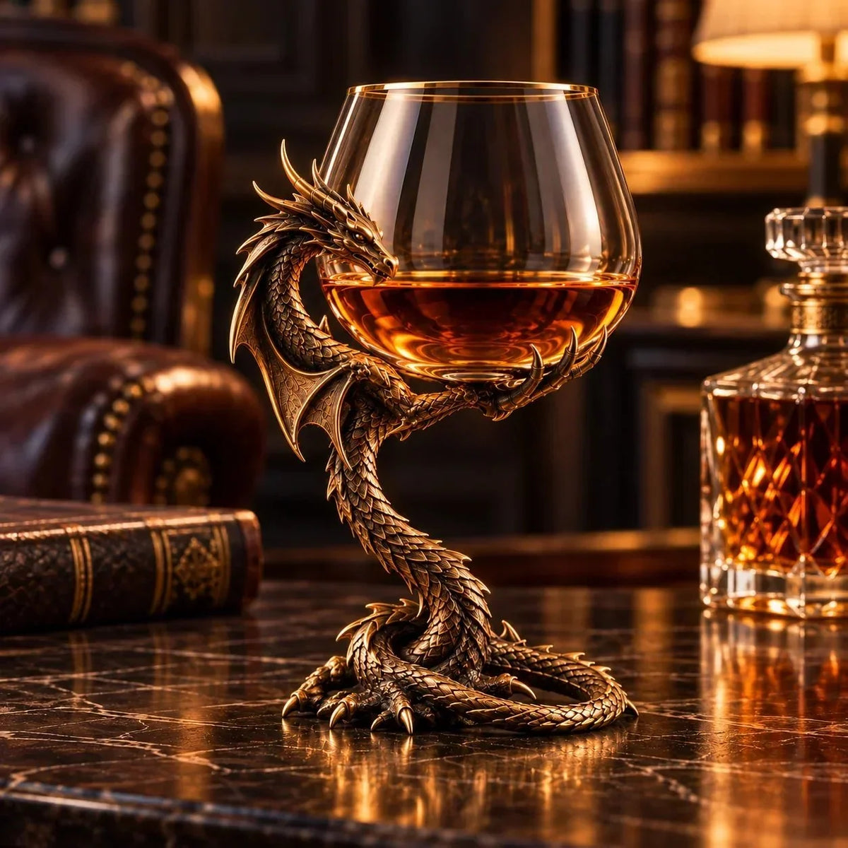 Sculptural dragon brandy glass with a bronze-toned dragon wrapping around a transparent bowl, displayed on an elegant dark tabletop