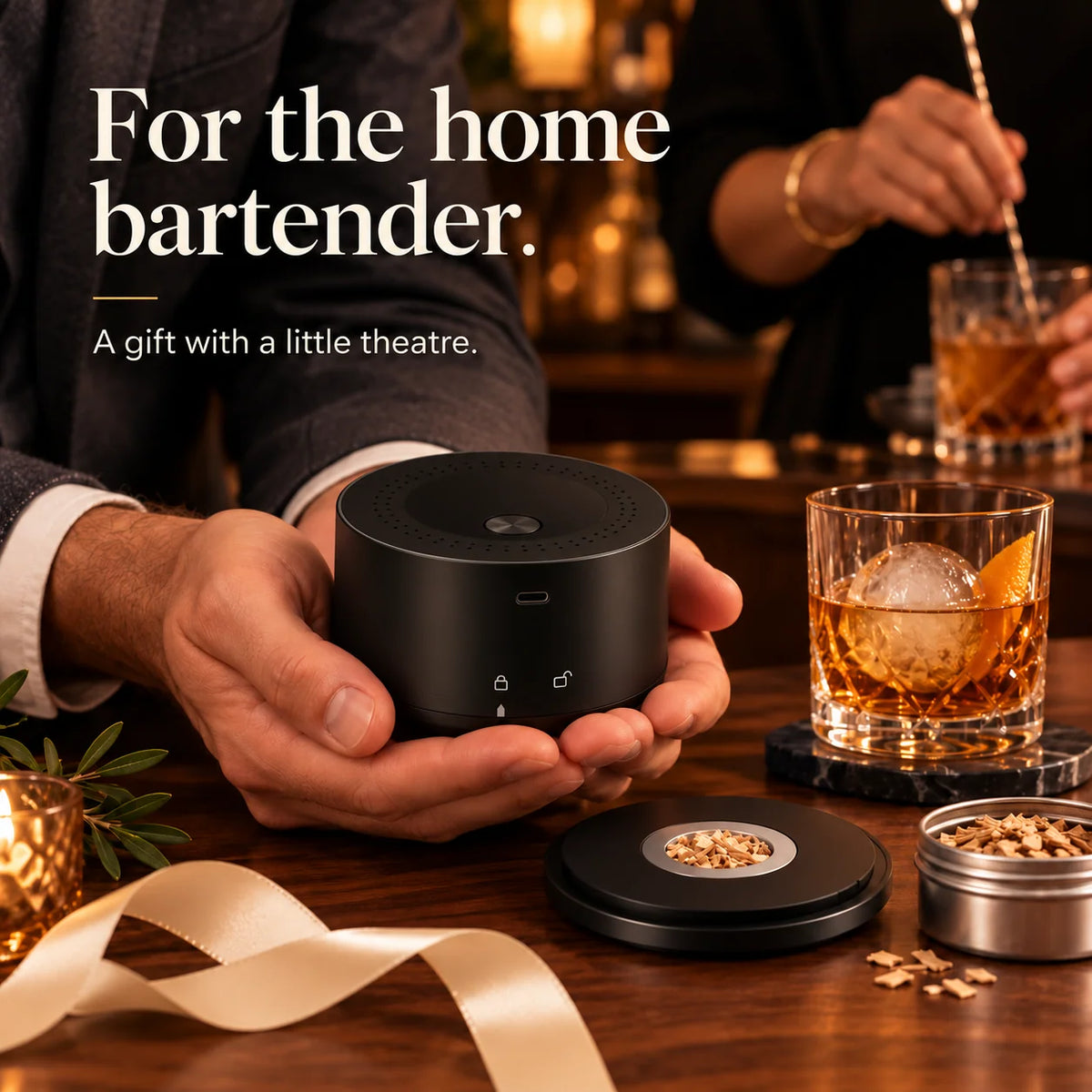Electric whiskey smoker gift presentation with home-bar accessories and a finished drink