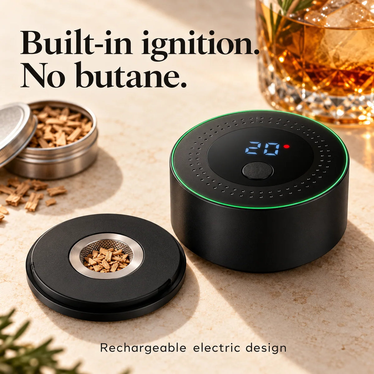 Black electric whiskey smoker with integrated ignition and removable wood chip chamber