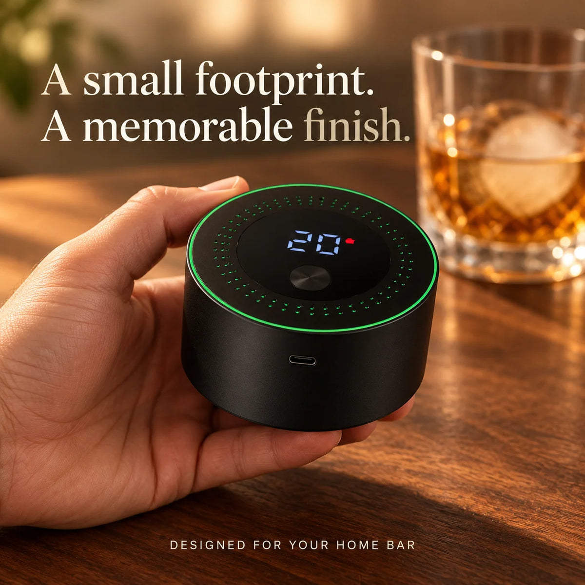 Compact black electric whiskey smoker held in one hand beside a glass