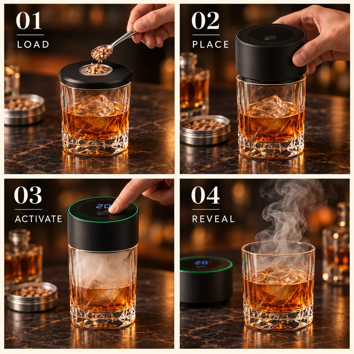 Four illustrated steps for using the electric cocktail smoker