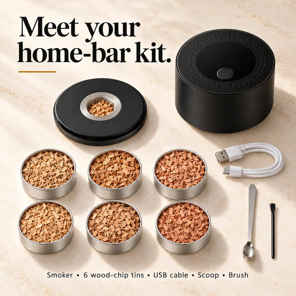 Complete electric whiskey smoker Standard Kit with wood-chip tins, USB cable, scoop and cleaning brush