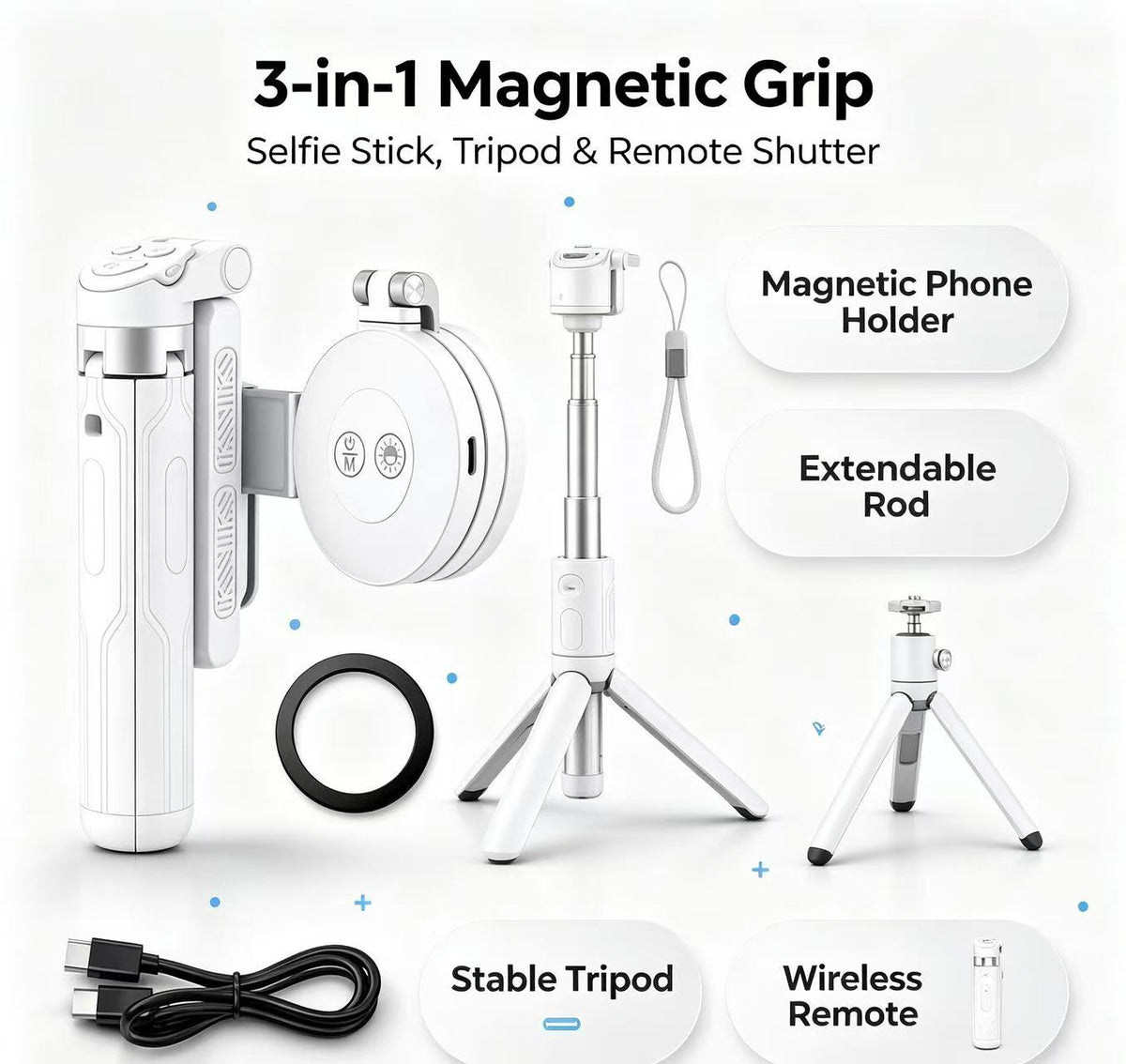 📸4-in-1 Magnetic Phone Grip & Selfie Stick Tripod with Zoom Control