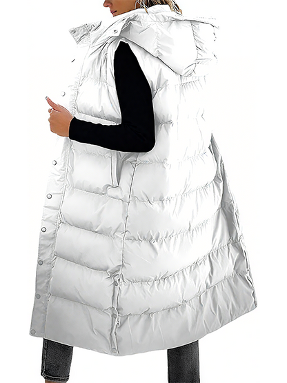 Women's Long Puffer Vest | Quilted Hood & Button Closure