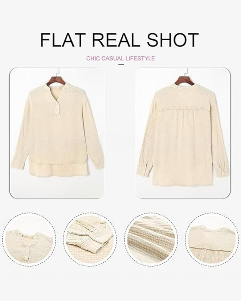 Damen Casual V-Ausschnitt Langarmshirts Knöpfe Solide Blusen Oberteile