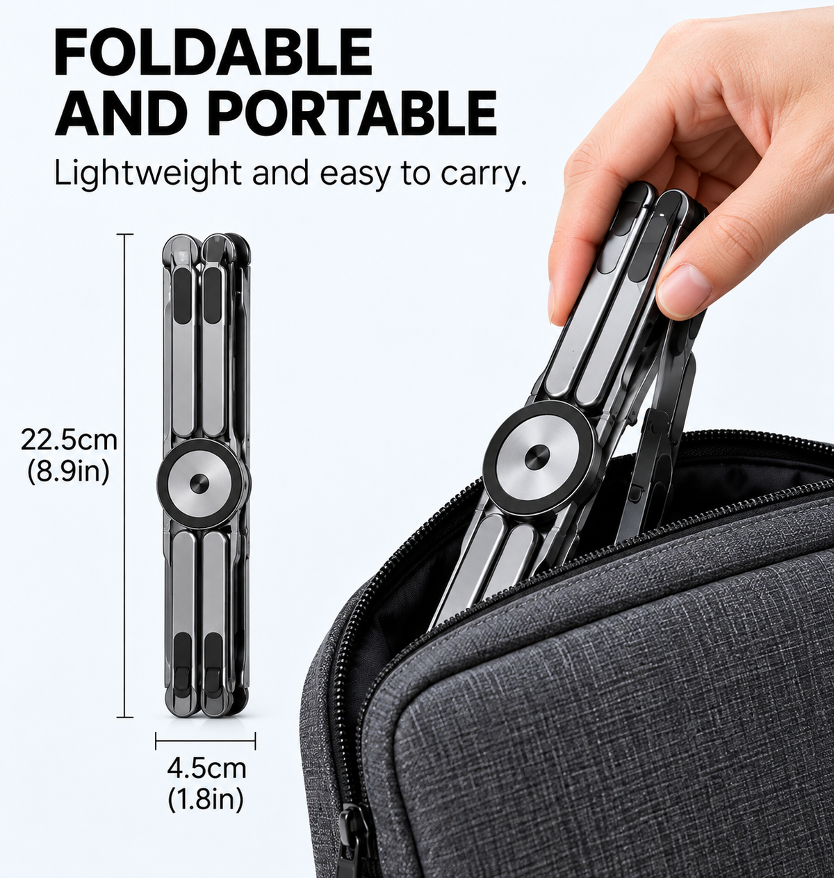 Folded stand with dimensions and bag storage example