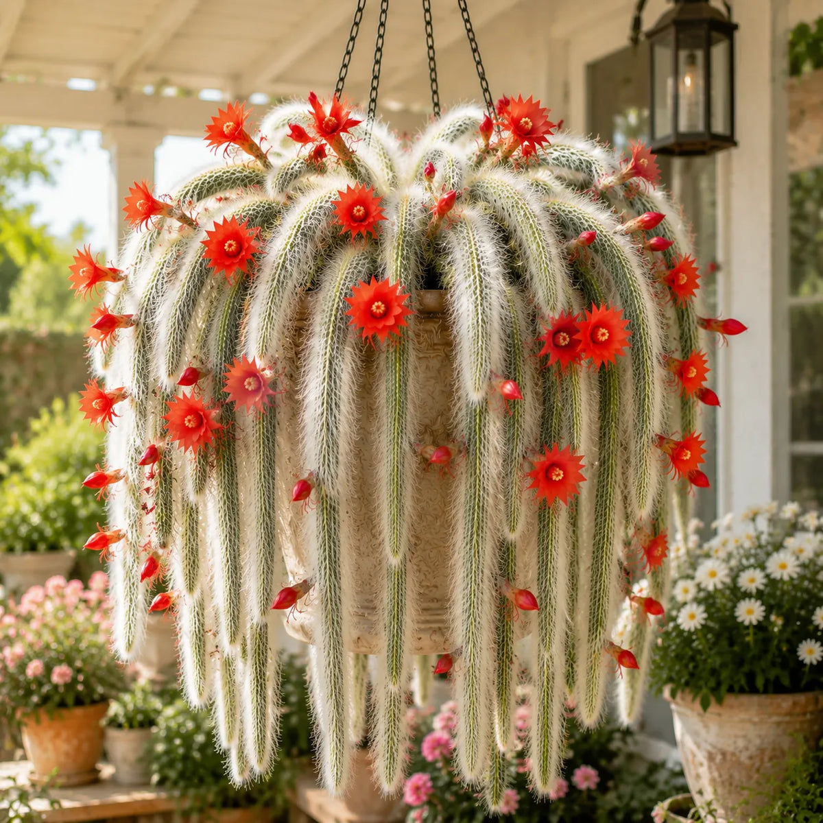 Mature Monkey Tail Cactus growing in a decorative planter